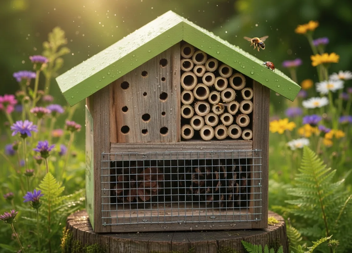 Insectenhotel van natuurlijk hout met bamboe en dennenappels - bijenhotel kopen bij Bopets