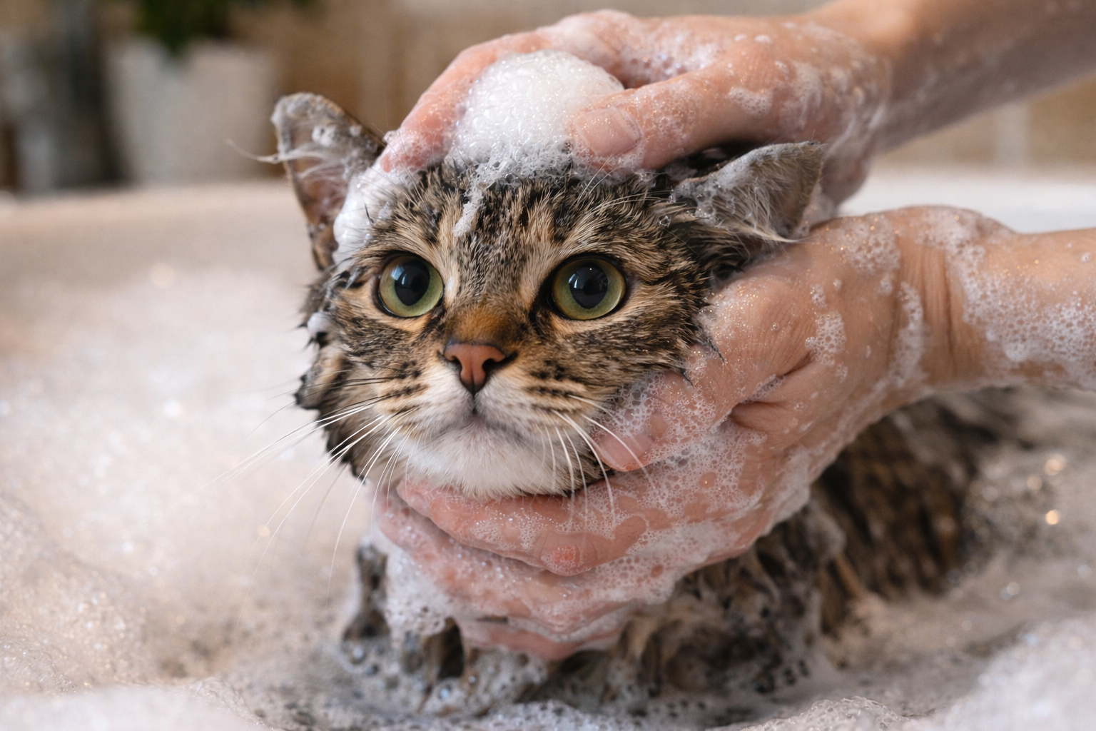 Cat being washed with cat shampoo, gentle coat care at Bopets