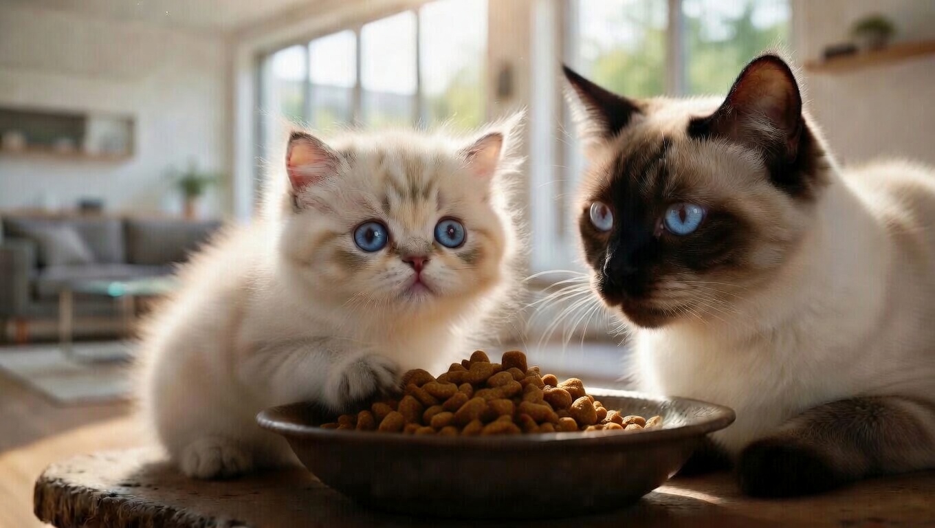 Cat eating dry food with her kitten, healthy nutrition for every life stage