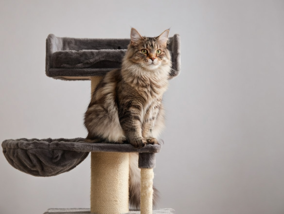 Maine Coon cat on a sturdy cat tree at Bopets with extra wide platforms and thick sisal posts