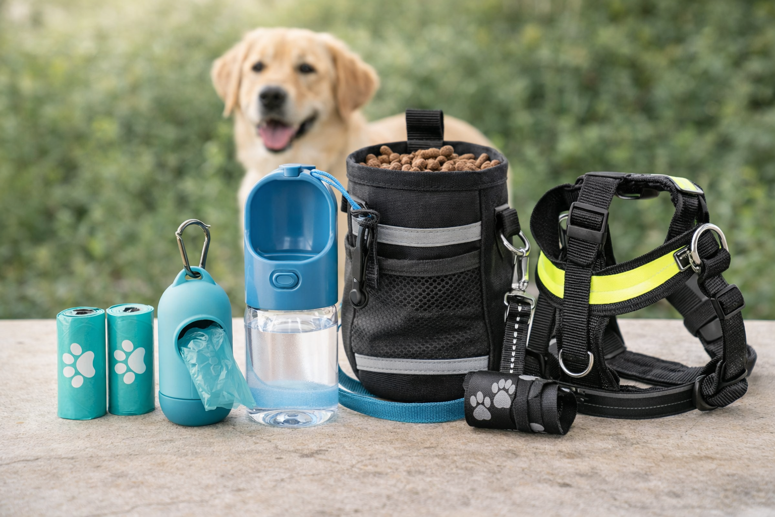 Walking accessories for dogs, poop bags, water bottles and reflective gear at Bopets
