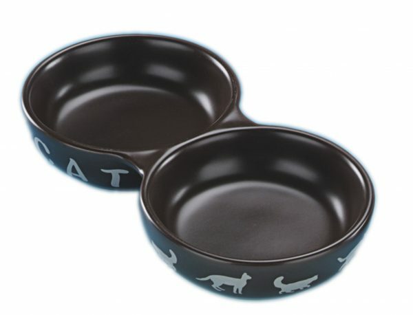 Eetpot aardewerk kat dubbel bruin 22,5 cm