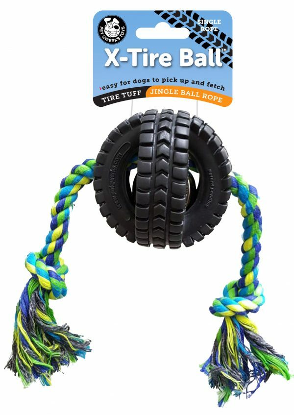 Pet Qwerks Jingle X-Tire Ball w/single rope Small ø 8 cm