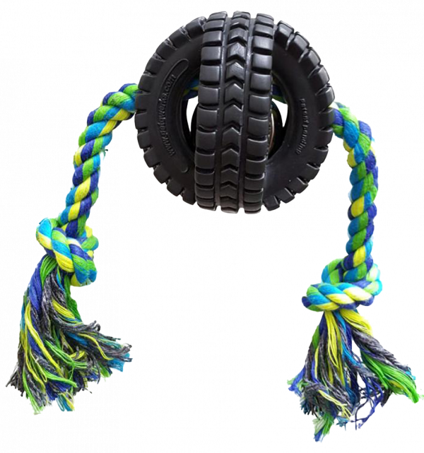 Pet Qwerks Jingle X-Tire Ball w/single rope Small ø 8 cm